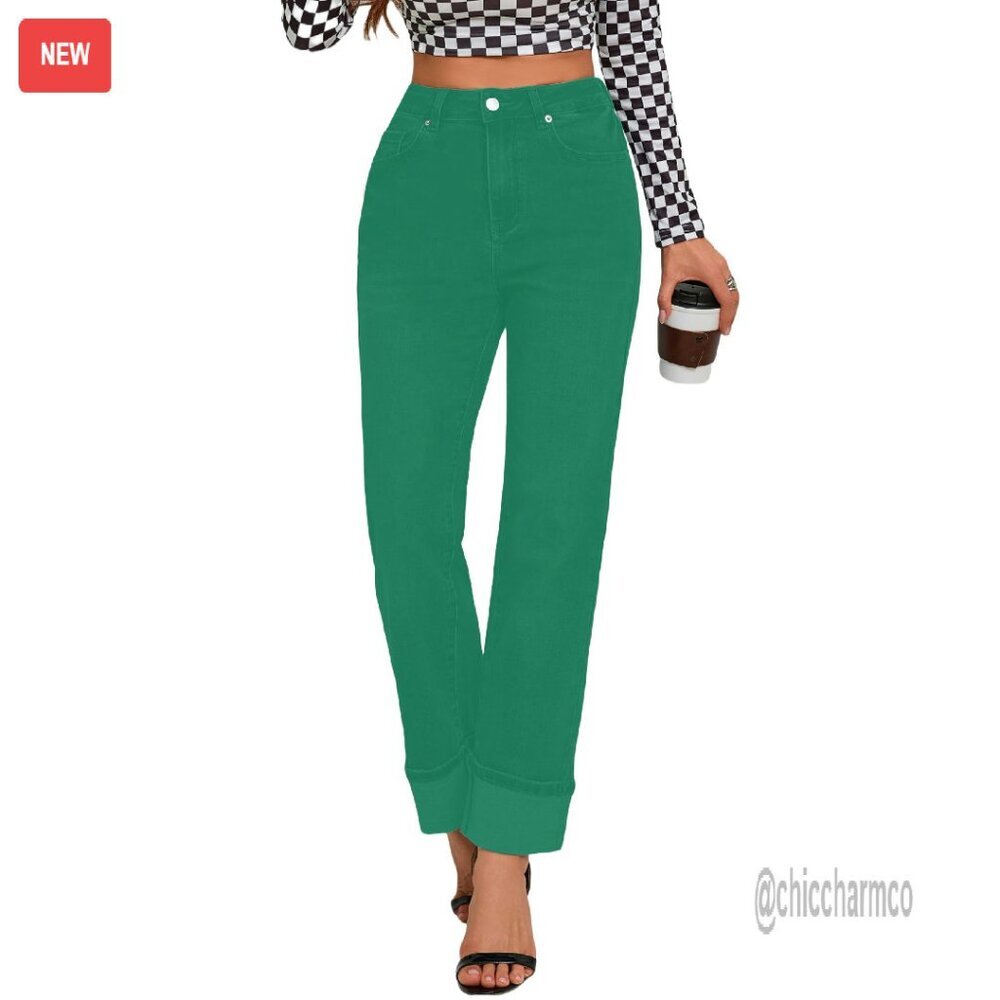 High Waisted Stretchy Straight Leg Jeans Tummy Control Ankle Fold Hem